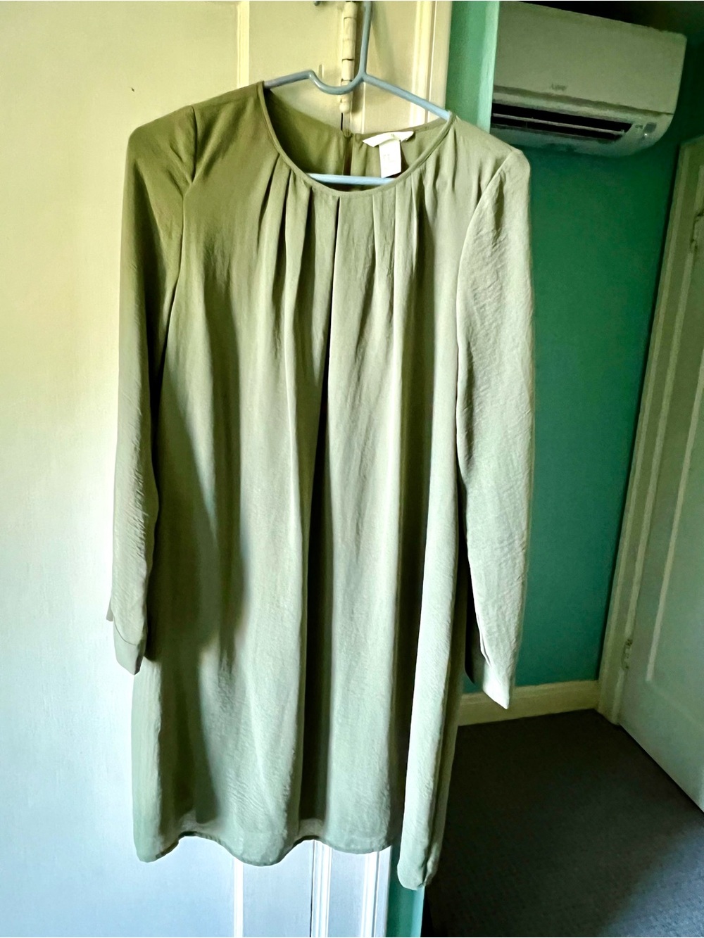 Elegant Sage or Olive Green Long-Sleeve Pleated Dress by H/M, knee length.